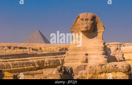 La sfinge e le piramidi di Giza, Il Cairo Foto Stock