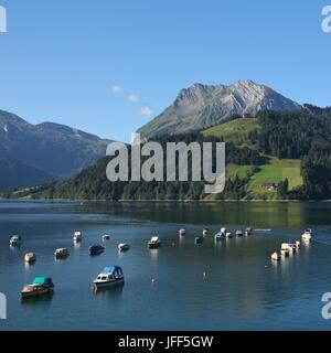 Barche da pesca sul lago di Wagital, Cantone di Svitto Foto Stock