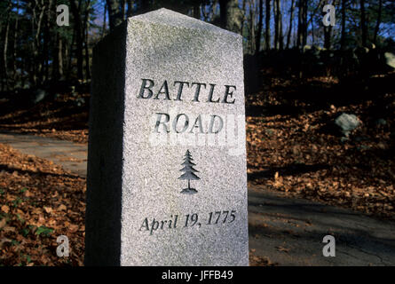 Battle Road marker, Minute Man National Historical Park, Massachusetts Foto Stock