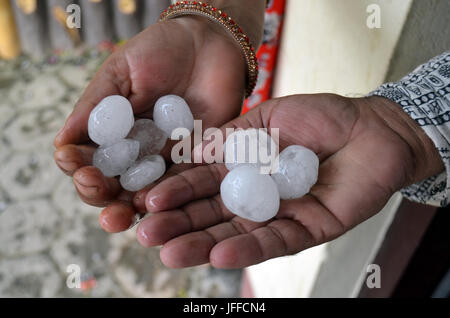 Chicchi di grandine giganti nelle mani di due esseri umani. Chitwan il parco nazionale, Foto Stock