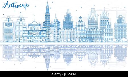 Profilo dello Skyline di Anversa con edifici blu e riflessi. Illustrazione Vettoriale. Viaggi di affari e di turismo con il concetto di architettura storica. Illustrazione Vettoriale