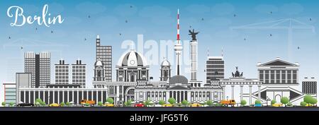 Lo Skyline di Berlino con edifici grigi e cielo blu. Illustrazione Vettoriale. Viaggi di affari e di turismo con il concetto di architettura storica. Illustrazione Vettoriale