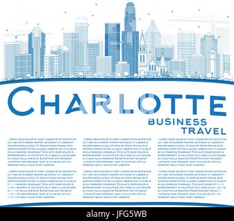 Profilo Charlotte Skyline con edifici blu e copia di spazio. Illustrazione Vettoriale. Viaggi di affari e di turismo con il concetto di architettura moderna. Illustrazione Vettoriale