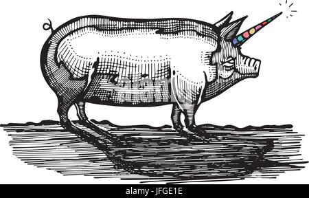 Disegnata a mano illustrazione vettoriale o di disegno di un suino con corno di unicorno Illustrazione Vettoriale