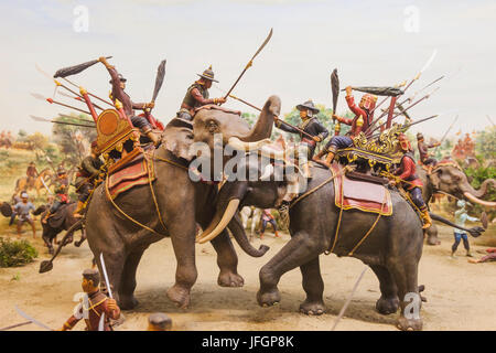Thailandia, Bangkok, Museo Nazionale di Bangkok, modello del XVI secolo guerra Burmese-Siamese mostra elefanti in battaglia Foto Stock