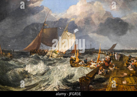 Inghilterra, Londra, Trafalgar Square e la Galleria Nazionale di Pittura, intitolato "Calais Pier:un inglese un pacchetto in arrivo' da J.M.W.Turner Foto Stock