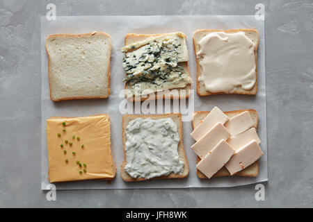 Set di formaggi diversi su pane tostato Foto Stock