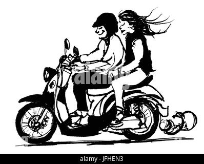 La caricatura o cartone animato di una giovane coppia in sella scooter - illustrazione vettoriale Illustrazione Vettoriale