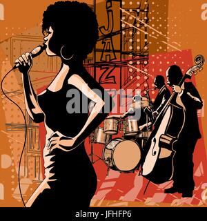 La cantante jazz con il sassofonista e double bass player - illustrazione vettoriale Illustrazione Vettoriale