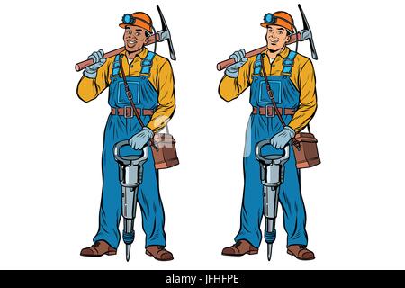 African e Caucasico minatori con jackhammer piccone. La Pop art retrò illustrazione vettoriale Illustrazione Vettoriale