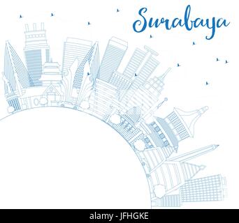 Delineare Surabaya Skyline con edifici blu e copia di spazio. Illustrazione Vettoriale. Viaggi di affari e di turismo con il concetto di architettura moderna. Illustrazione Vettoriale