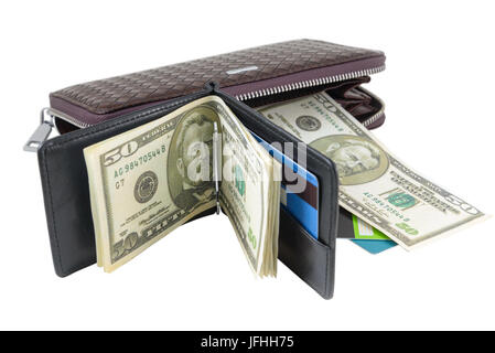 Portafoglio con dollari e carta Foto Stock
