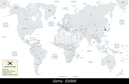 Mappa del mondo con la Repubblica di Corea, piccola casella di informazioni e flag Illustrazione Vettoriale