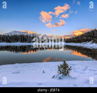 I colori dell'alba sulle cime innevate e boschi si riflette nel lago Palù Malenco Valley Valtellina Lombardia Italia Europa Foto Stock