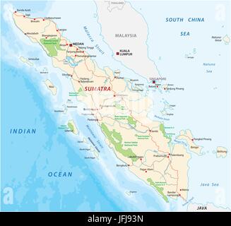 Mappa stradale dell'isola indonesiana di Sumatra Illustrazione Vettoriale