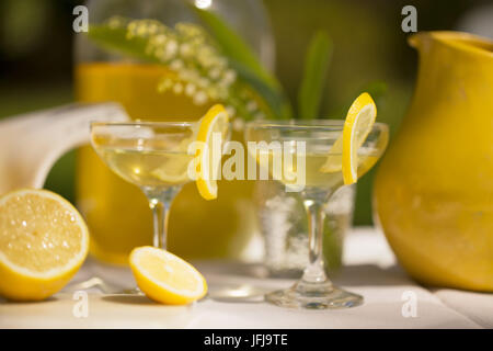 Fette di Limone sul lato dei bicchieri da cocktail, Limoncello fatti in casa Foto Stock