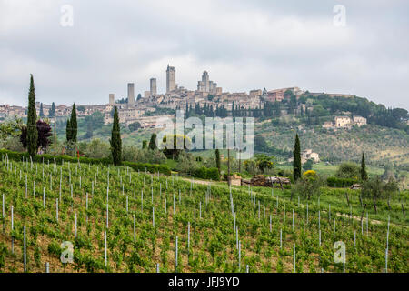 Vista della città di San Gimignano, Val d'Orcia, Siena distretto, Toscana, Italia, Foto Stock