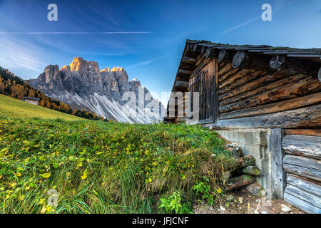 Il gruppo delle Odle viste dalla Malga Gampen all'alba, Val di Funes, Dolomiti Alto Adige Italia Europa Foto Stock