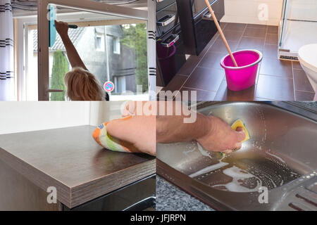 Immagine è divisa in 4 sezioni che riguardano i lavori di casa Foto Stock