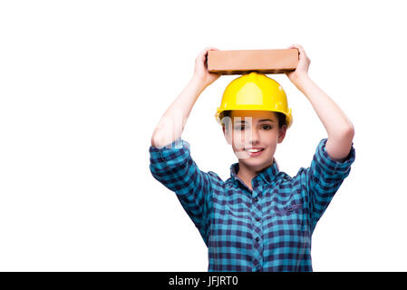 Giovane donna nel concetto industriale isolato su bianco Foto Stock