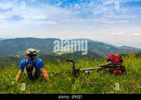 Vista posteriore dell'uomo relax su erba e guardando le montagne Foto Stock