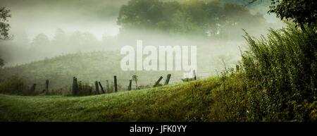 La laminazione di nebbia attraverso Blue Ridge Parkway terre di fattoria Foto Stock