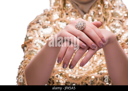 Mani con gioielli anelli nel concetto di moda Foto Stock