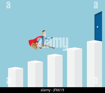 Imprenditore nel red cape e valigetta in mano in esecuzione su scale vai alla porta di successo sulla parte superiore, business Concept cartoon illustrazione vettoriale Illustrazione Vettoriale