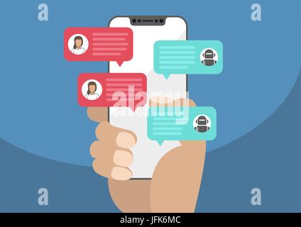 Donna che mantiene la mascherina-free / smartphone prive di telaio in mano e chiacchierando con chat bot robot. I messaggi di chat notifica sullo smartphone isolati su blue ba Illustrazione Vettoriale
