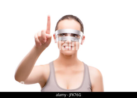 Ragazza Techno premendo il tasto virtuale isolato su bianco Foto Stock