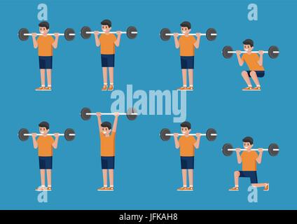 Set di uomo in bodybuilding e il peso della formazione pone. Barbell permanente di sollevamento di vitello. Standing Barbell shoulder press. Barbell squat. Barbell Lunge. Illustrazione Vettoriale