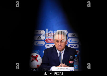 San Pietroburgo, Russia. 1 Luglio, 2017. La Russia è il Vice Primo Ministro e Presidente della Federazione calcio Unione Vitaly Mutko, fotografata durante la conferenza stampa finale della FIFA a Coppa del Mondo Arena a San Pietroburgo, Russia, 1 luglio 2017. Foto: Christian Charisius/dpa/Alamy Live News Foto Stock