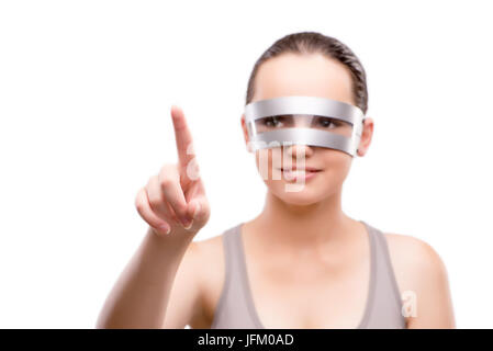 Ragazza Techno premendo il tasto virtuale isolato su bianco Foto Stock