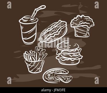 Raccolta di disegnati a mano il fast food sulla lavagna. Retro vintage stile . Illustrazione Vettoriale
