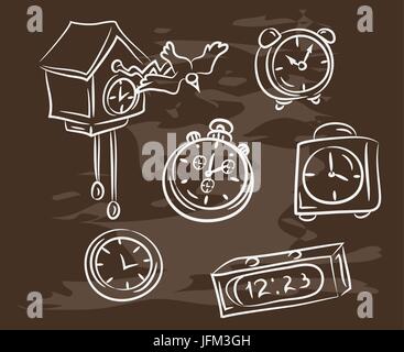 Raccolta di disegnati a mano orologio sulla lavagna. Retro vintage stile . Illustrazione Vettoriale