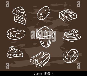 Collezione vintage di dessert. Schizzi disegnati a mano con gessi sulla lavagna. Illustrazione Vettoriale. Illustrazione Vettoriale