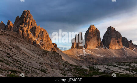 Drei Zinnen/Tre Cime di Lavaredo, Dolomiti, Alto Adige, Bolzano, Italia, Foto Stock