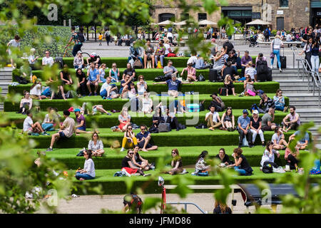 Granary Square nel cuore della rigenerazione del re area trasversale lungo il Regent's Canal, London, England, Regno Unito Foto Stock