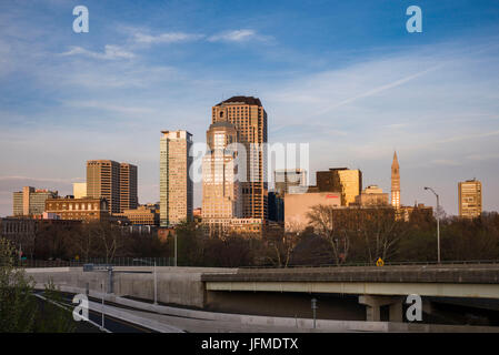 Stati Uniti d'America, Connecticut, Hartford, skyline della città, tramonto