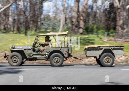 L'annata 1943 Ford Jeep Willys guida su strade di campagna vicino alla città di Birdwood, Sud Australia. Foto Stock