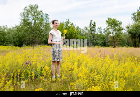 Una donna adulta si alza in un prato ricoperto con il Galium verum fiori, noto anche come lady's bedstraw o bedstraw giallo, con un mazzetto di giallo flowe Foto Stock