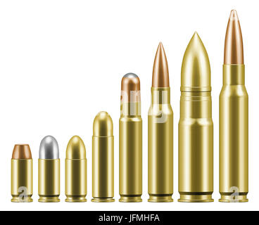 Linea di varie cartucce di proiettili per pistole e fucili a canna rigata Foto Stock