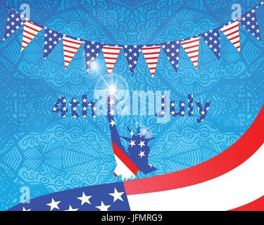 Giorno di Indipendenza degli Stati Uniti. Statua della libertà fino a mano. Bandiera americana. Su uno sfondo modellato da un disegno a mano. Square illustrazione vettoriale fo Illustrazione Vettoriale