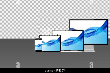 Realistico computer laptop, il telefono cellulare e il PC Tablet con Abstract Transperent sfondo sullo schermo. Illustrazione Vettoriale Illustrazione Vettoriale