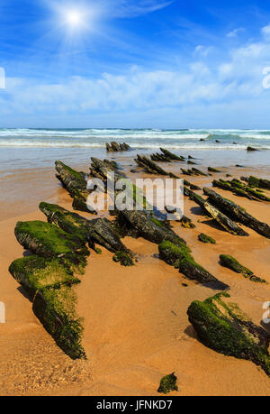 Sunshiny rocciosa spiaggia sabbiosa (Portogallo). Foto Stock