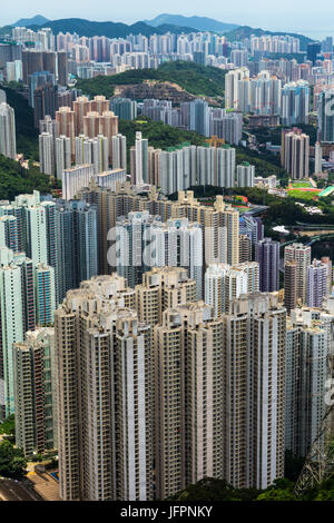 Hong Kong appartamento torri in Kowloon, visto da una collina Foto Stock