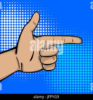 La Pop art testo fumetto cartoon forte man mano mostra il dito indice. Ragazzo umano wow poster punti a mezzatinta dello sfondo. Gesto annuncio messaggio arm. Brigh Illustrazione Vettoriale