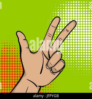 La Pop art testo fumetto cartoon forte man mano mostra numero tre dita. Ragazzo umano wow poster punti a mezzatinta dello sfondo. Gesto annuncio messaggio arm. Illustrazione Vettoriale