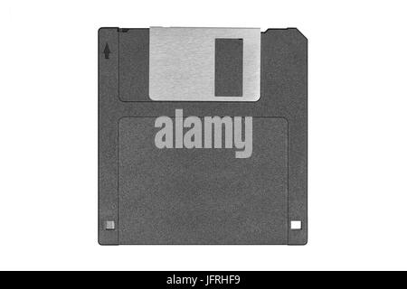 Vista dall'alto di un nero vintage floppy disk su sfondo bianco Foto Stock