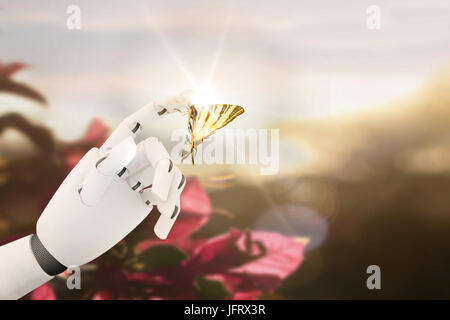 Mano di robot con una farfalla su di esso il dito Foto Stock